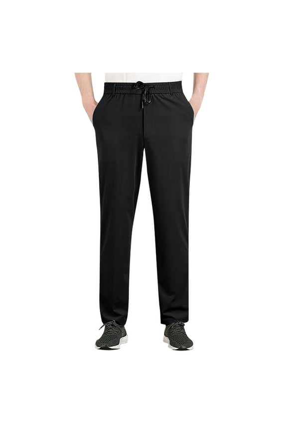 Men's Drawstring Casual Pants Cotton Twill Elastic Waist Chino Pants Black XL