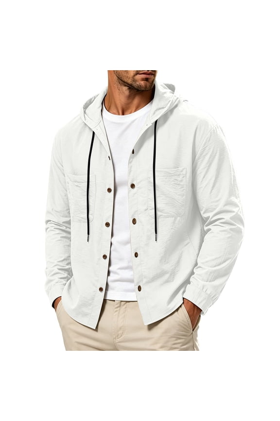 Men's Dual Flap Pocket Full-Button Hooded Shirt Jacket, Loose Thin Woven Outerwear, Airy Texture for Backyard Gatherings White L