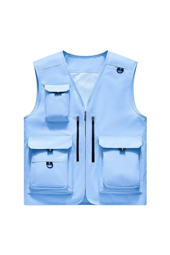 Men's Fast Dry V Neck Cargo Utility Vest, Multi Compartment Storage Light Breathable Gilet Mountain Climbs Blue XXXL