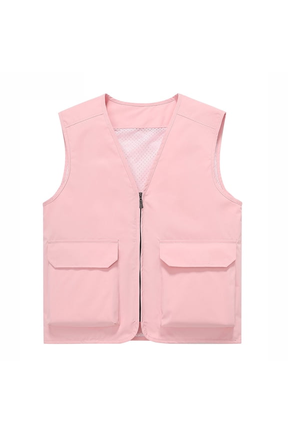 Men's Fast Dry V Neck Utility Sleeveless Gilet, Multi Flap Cargo Pockets Light Breathable Layer Mountain Hikes Pink L