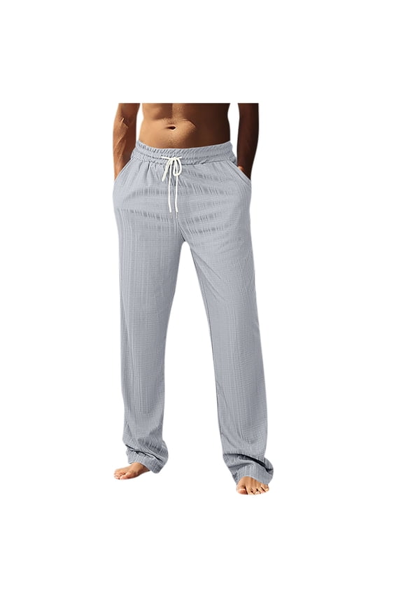 Men's Fine Grid White-Tip Drawstring Straight Casual Pants with Full Stretch Band & Inset Storage Slots for Daily Outings Gray M