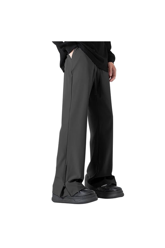 Men's Flare Split-Hem Pants, Elastic-Drawstring Waist with Side-Zip Cuffs for Street Style Outings Gray L