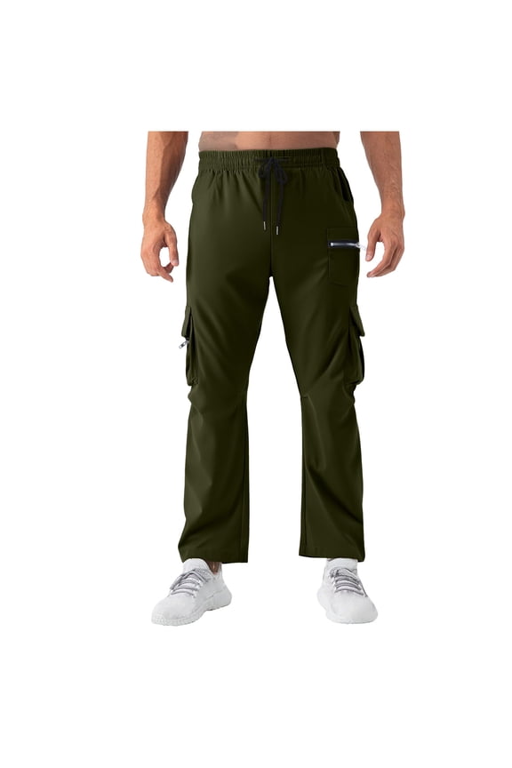Men’s Flared Cargo Trousers with Drawstring Elastic-Waist & Multi-Zip Pockets for Suburban Bike Rides Green S