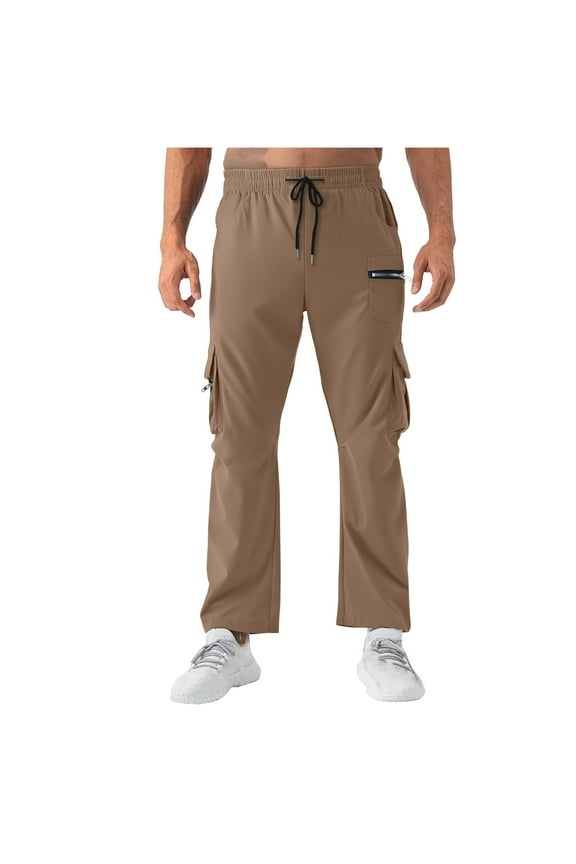 Men’s Flared Cargo Trousers with Drawstring Elastic-Waist & Multi-Zip Pockets for Suburban Bike Rides Yellow S