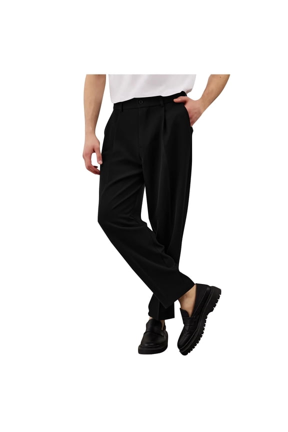 Men’s Front-Pleat Wide Drape Suit Pants with High-Waist Belt Fly & Raised Crease Panels for Office Casual Outings Black S