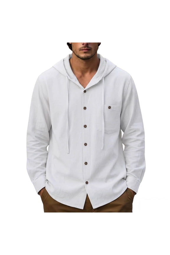 Men's Full-Button Single Pocket Hooded Linen Jacket, Corded Adjustable Hood, Soft Washed Linen Texture for Weekend Brunches White S