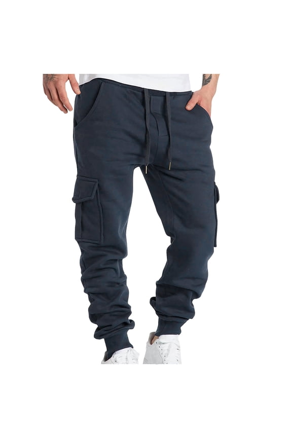 Men's Heavyweight Fleece Cargo Sweatpants Baggy Sweat Pants with Pockets Elastic Waist Drawstring Joggers Trousers Blue L
