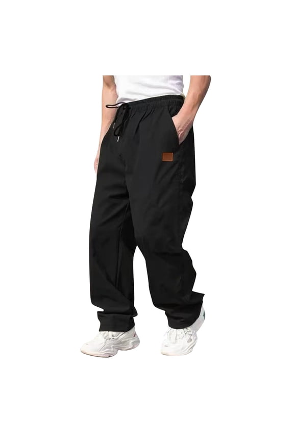 Men’s High-Rise Loose Straight Pants with Leather Tab Accent & Drawstring-Waist for Campus Errands Black S