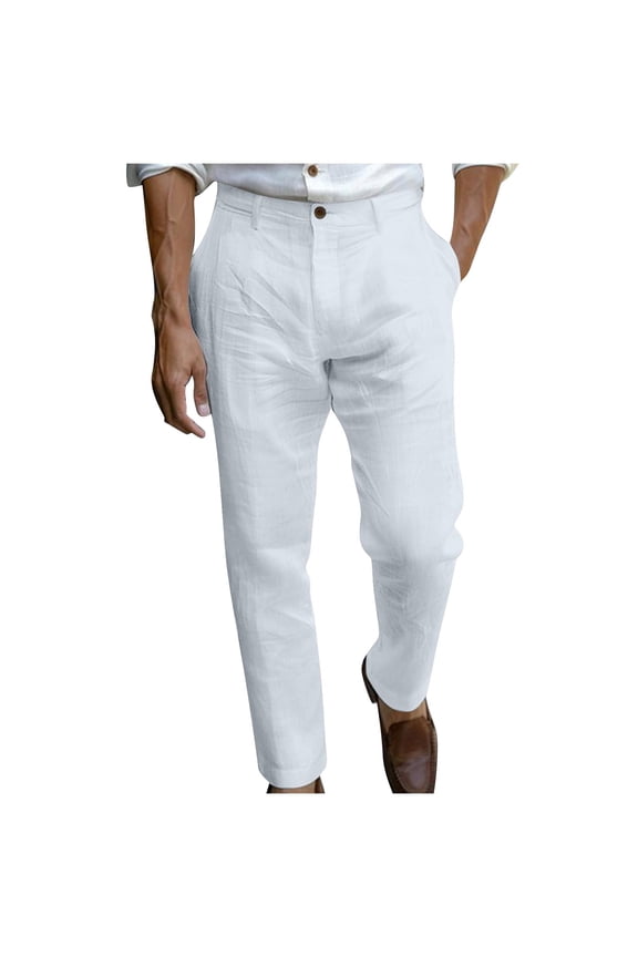 Men's High-Rise Pleated Washed Linen Vacation Pants with Single-Button Waist & Curved Patch Pockets for Beach Breaks White M