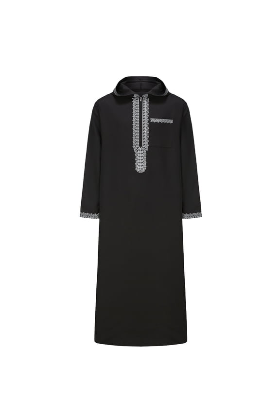 Men's Hooded Long Thobe Robe, Delicate Embroidery Detail, Side Storage Pockets for Cultural Gatherings Black S