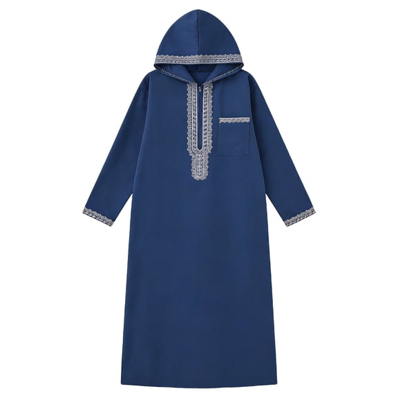 kosheko Men's Hooded Long Thobe Robe, Delicate Embroidery Detail, Side Storage Pockets for Cultural Gatherings Blue XXL