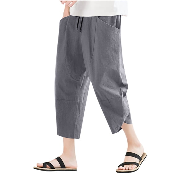 kosheko Men's Layer Split-Hem Dual-Cord Cropped Harem Pants with Thick Dual Cords & Curved Side Pockets for Beach Wanders Gray M