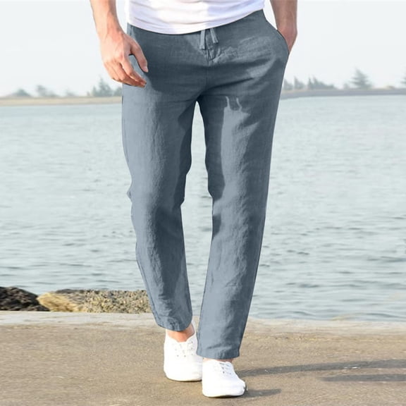 kosheko Men's Linen Pants Elastic Waist Drawstring Straight Leg Loose Fit Yoga Pants Lightweight Summer Beach Trousers with Pockets Blue XXL