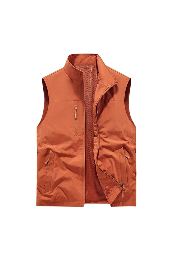 Men's Loose Relaxed Thin Fast Dry V Neck Utility Sleeveless Vest, Spacious Pocket Design All Day Outdoor Shoots Orange M