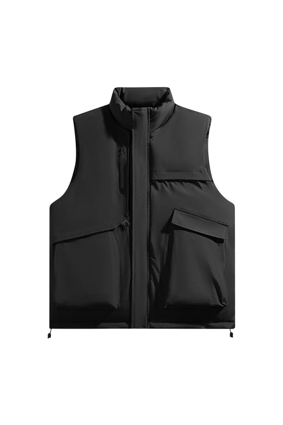 Men's Matte Stand Collar Thick Padded Vest, Dual Side Pockets Loose Insulated Outer Field Recordings Black XXXXXL
