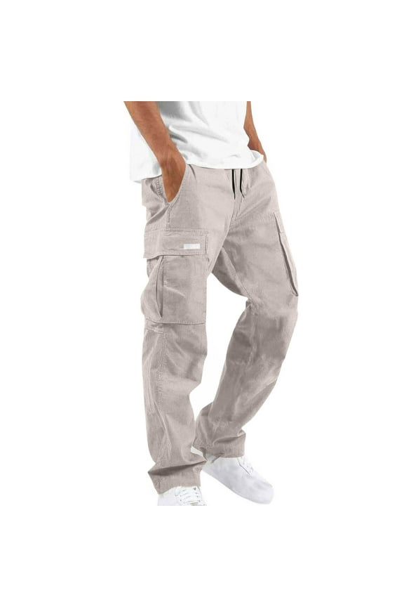 Men’s Mid-Rise Loose Straight Cargo Pants with Multi-Layer Patches & Drawstring-Waist for Market Runs Gray M