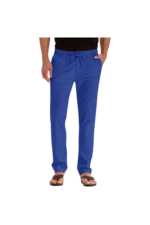 Men’s Mid-Rise Straight-Leg Trousers with Drawstring-Waist & Side Pockets for Short Trips Blue XXL