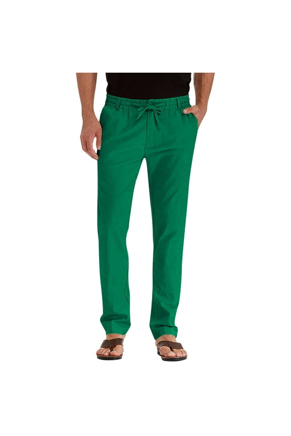 Men’s Mid-Rise Straight-Leg Trousers with Drawstring-Waist & Side Pockets for Short Trips Green S