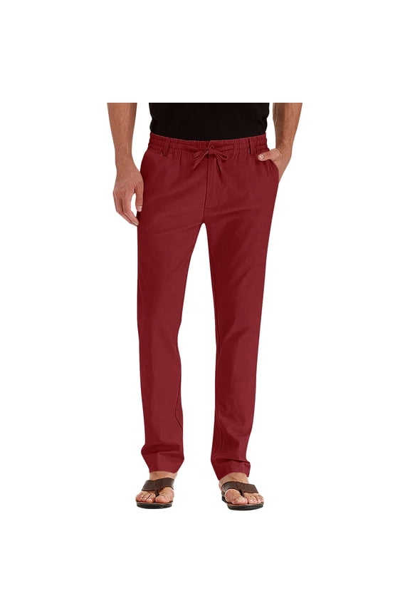Men’s Mid-Rise Straight-Leg Trousers with Drawstring-Waist & Side Pockets for Short Trips Red S