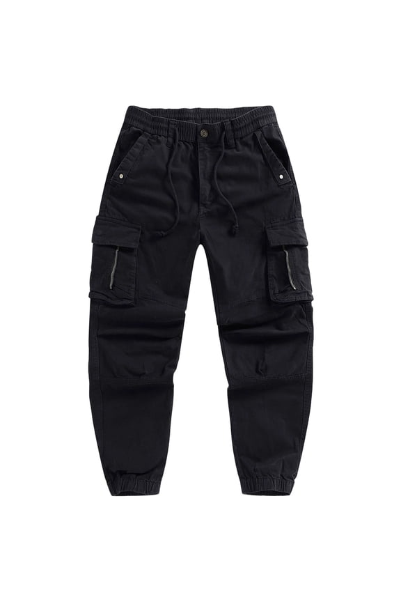 Men's Multi-Pocket Tapered Cargo Jogger Pants with Drawstring Ribbed Cuffs & Deep Storage Bags for Garage Tasks Black S