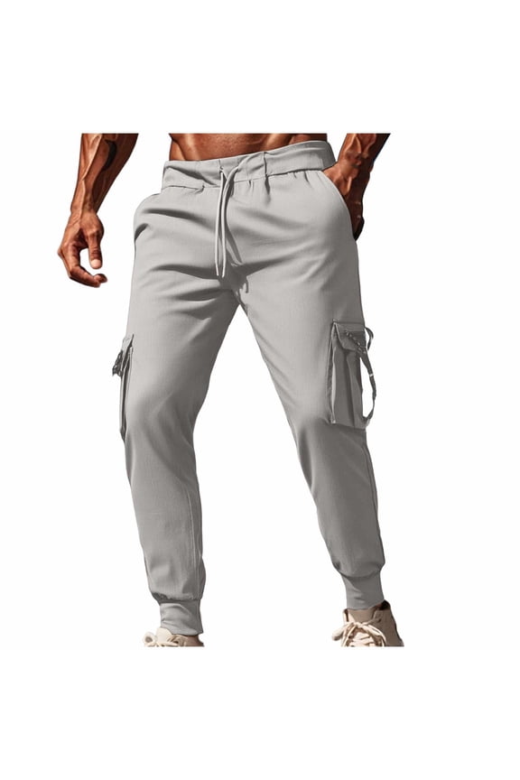 Men’s Multi-Strap Zip Cargo Jogger Pants with High Stretch Elastic-Waist & Side Zip Slots for Morning Cardio Gray XXXL