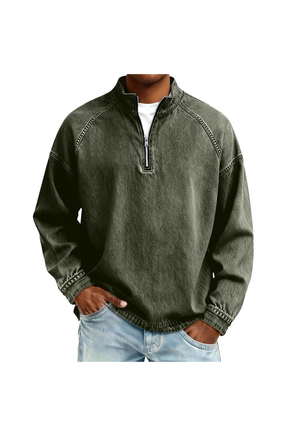 Men's Oversized Washed Denim Quarter-Zip Stand-Collar Sweatshirt, Raglan Long-Sleeve, Vintage Denim Weave for Western Rides Green L
