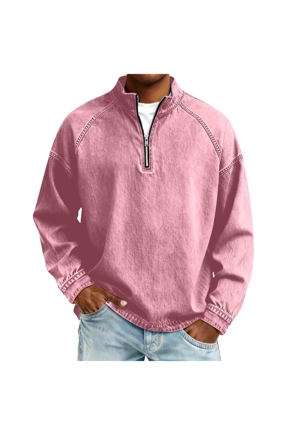 Men's Oversized Washed Denim Quarter-Zip Stand-Collar Sweatshirt, Raglan Long-Sleeve, Vintage Denim Weave for Western Rides Pink L