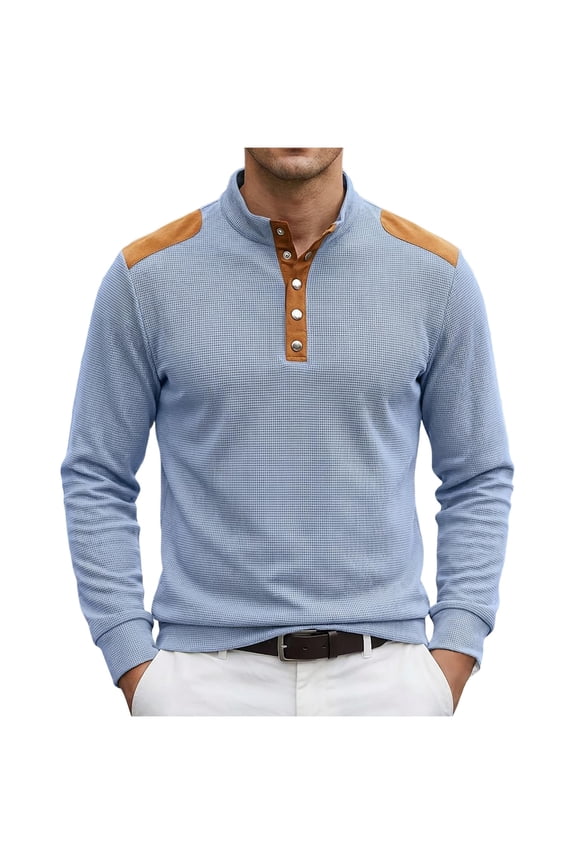 Men's Patchwork Henley Shirt, Contrast Shoulder Detail, Button Placket for trendy casual look Blue S