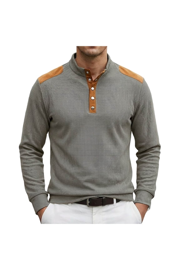 Men's Patchwork Henley Shirt, Contrast Shoulder Detail, Button Placket for trendy casual look Gray L
