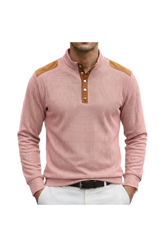 Men's Patchwork Henley Shirt, Contrast Shoulder Detail, Button Placket for trendy casual look Pink S