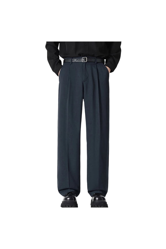 Men's Pleated Straight-Leg Dress Pants, Sturdy Belted Waist with Polished Tailored Fit for Regular Office Commutes Blue XL