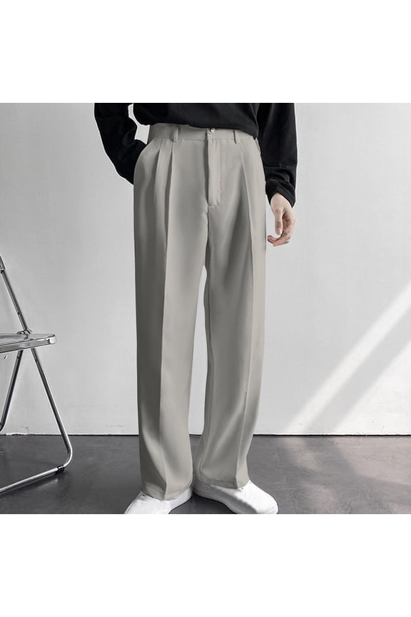 Men's Pleated Straight Wide Leg Suit Pants Casual Business Dress Pant Big Tall Zipper Fly Baggy Trousers with Pockets Yellow M