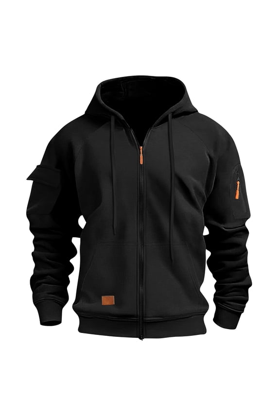 Men's Raglan Contrast Panel Full Zip Hooded Coat With Flap Arm Storage Pockets For Backcountry Short Hiking Trips Black S