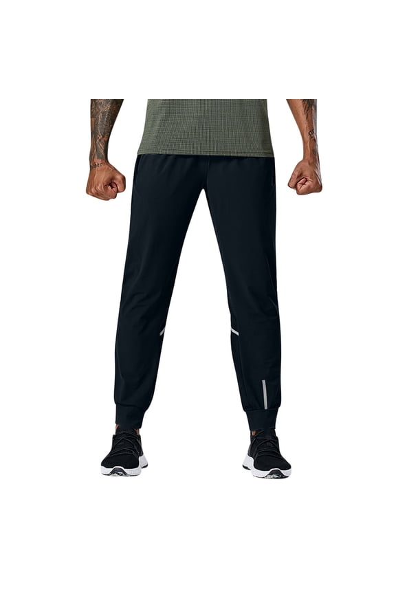 Men’s Reflective-Strip Cuffed Black Quick-Dry Athletic Trousers with Drawstring-Waist & Symmetric Slip Pockets for Night Jogging Black XXXL