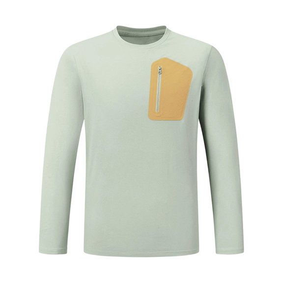 kosheko Men's Regular-Fit Crewneck Long-Sleeve Tee with Contrast Zip Chest Pocket, Light Performance Fabric for Trail Walks Green S