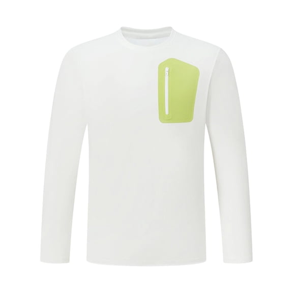 kosheko Men's Regular-Fit Crewneck Long-Sleeve Tee with Contrast Zip Chest Pocket, Light Performance Fabric for Trail Walks White S