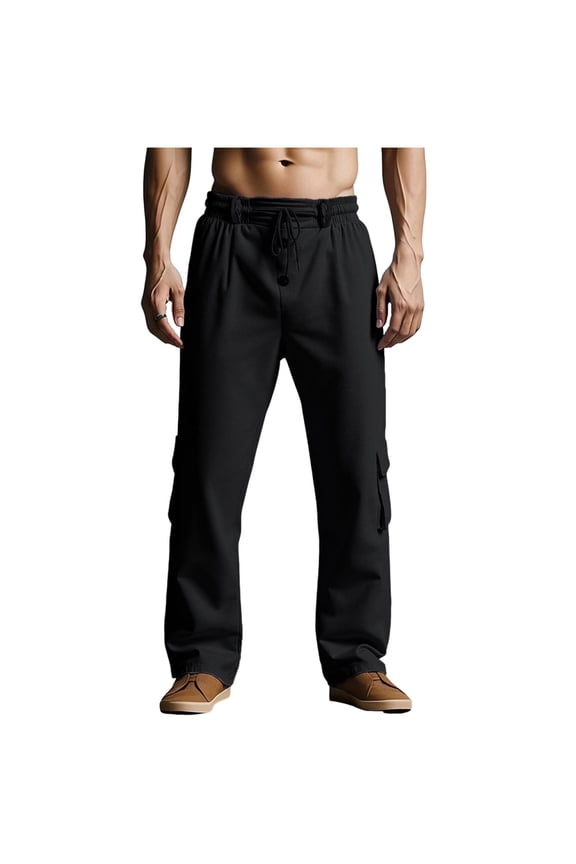 Men's Single-Patch Drawstring Wide-Leg Cargo Pants with Pleated Elastic-Waist & Flat Side Storage Slots for Neighborhood Strolls Black S