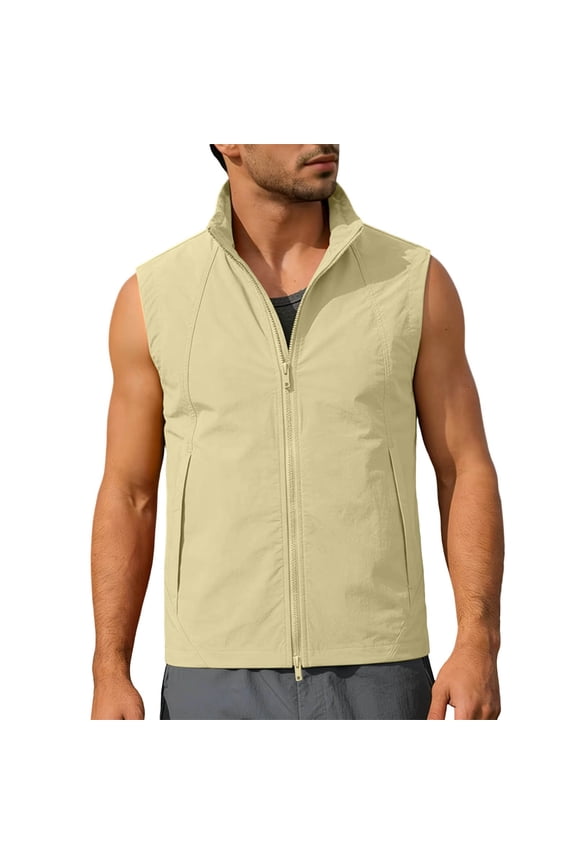 Men's Stand Collar Full Zip Sleeveless Vest, Secure Side Storage Pockets Tear Resistant Outer Mountain Climbs Yellow XXXL