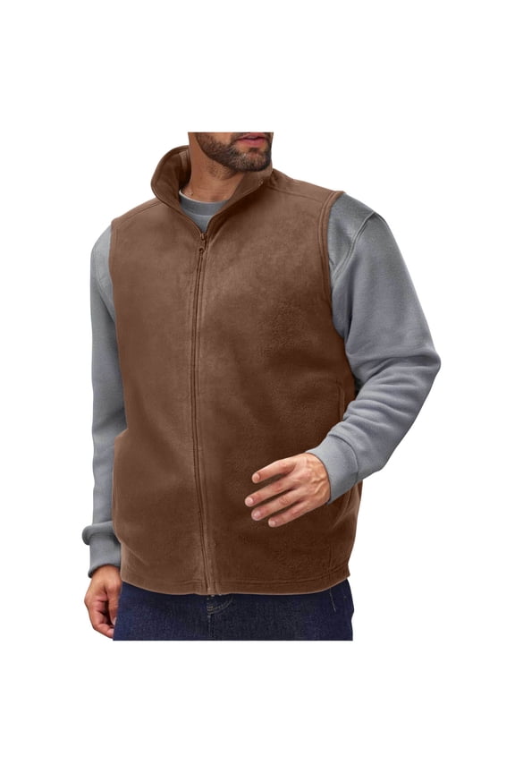 Men's Stand Collar Full Zip Solid Fleece Vest, Side Storage Pockets Cozy Light Layer Lake Shore Visits Brown XXL