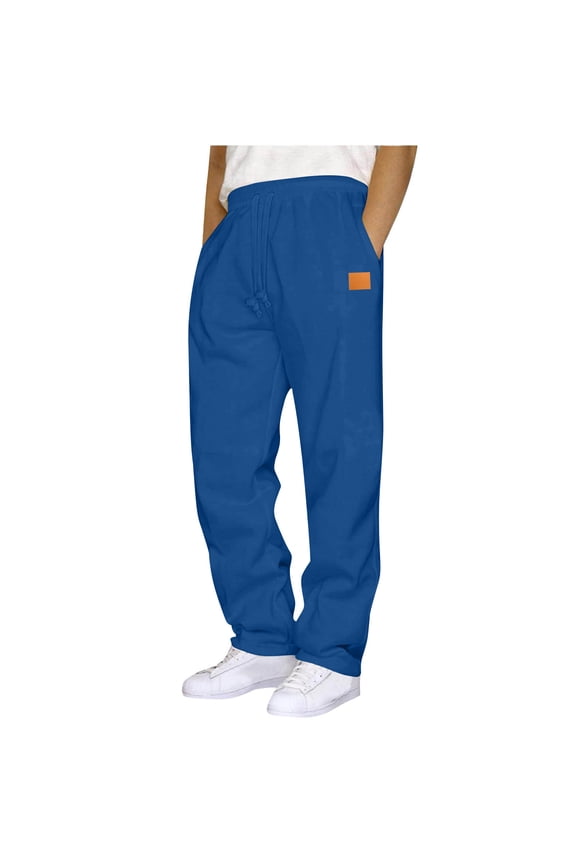Men’s Straight Jogger Trousers with Slim Drawstring Closure & Mini Square Patch for Campus Errands Blue S