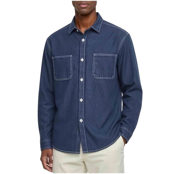 kosheko Men's Striped Denim Utility Shirt, Point Collar with Chest Pockets, Casual Fit for vintage street look Blue XXXL