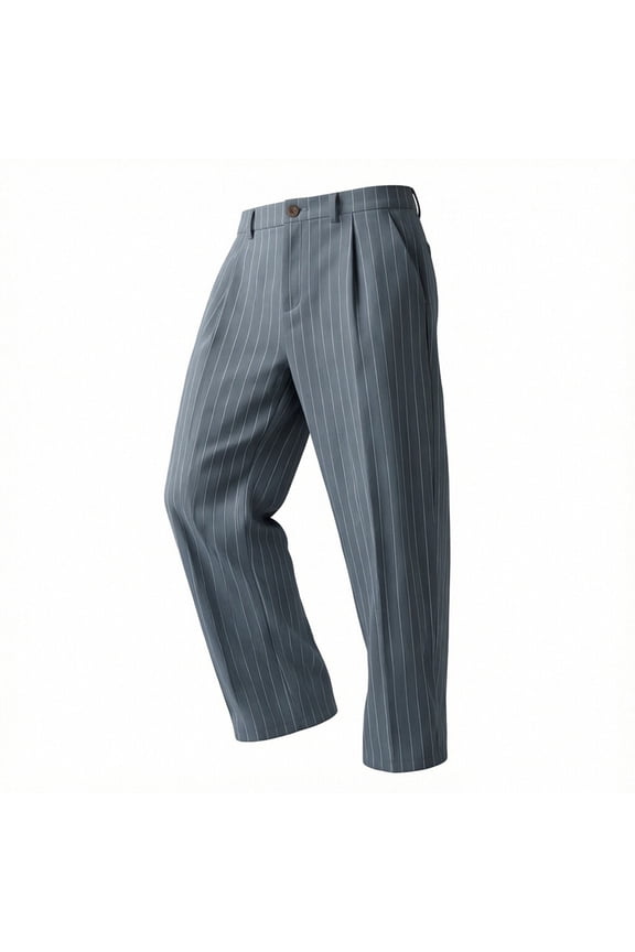 Men's Striped Pleated Pants, Classic Single-Button Waist with Soft Relaxed Fit for Stylish Retro Office Wear Gray XXL