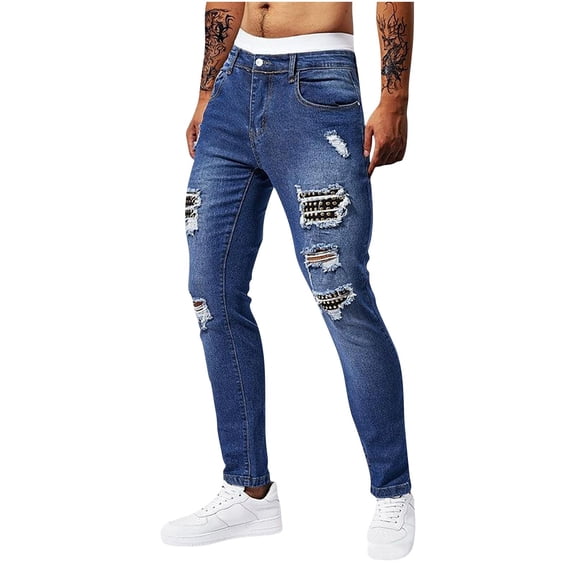 kosheko Men’s Stud-Patch Ripped Slim Blue Denim Pants with Five-Pocket Layout & Rivet Distressed Slots for Casual Parties Blue 29