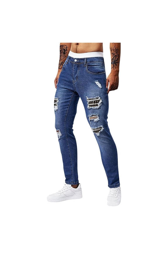Men’s Stud-Patch Ripped Slim Blue Denim Pants with Five-Pocket Layout & Rivet Distressed Slots for Casual Parties Blue 29