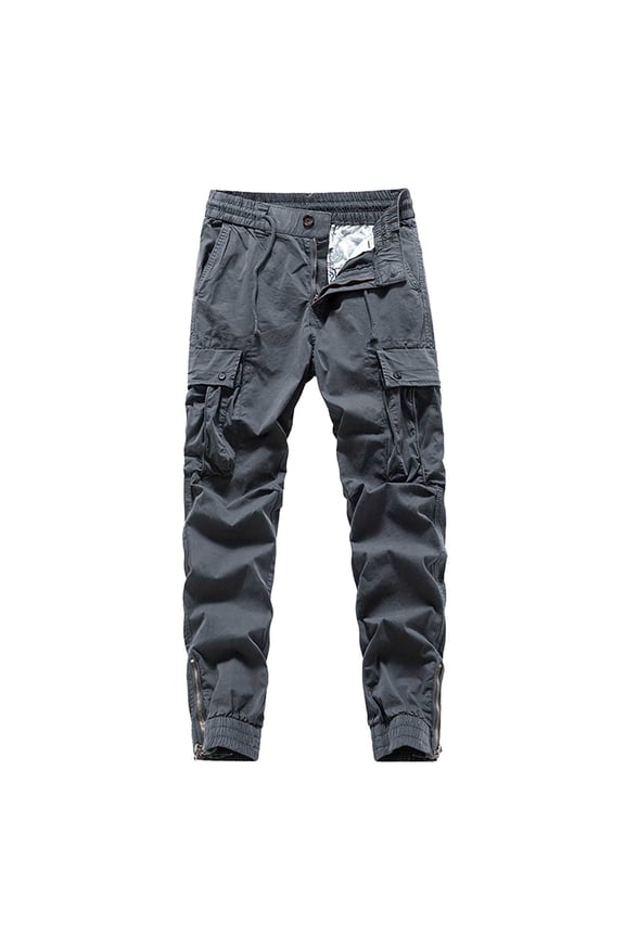 Men's Tapered Cargo Drawstring Pants with Flap Ankle-Zip & Elastic High-Waist & Deep Slip Pockets for Field Work Gray S