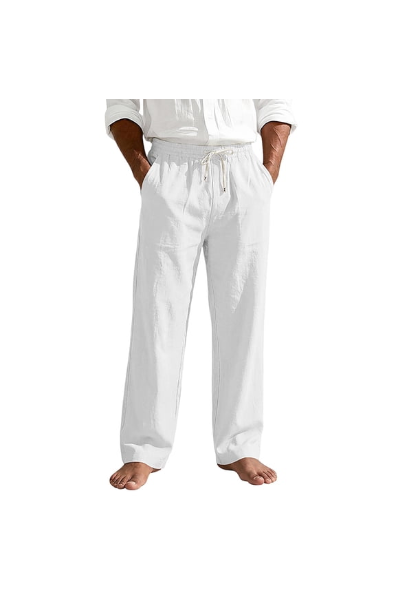 Men's Textured Straight-Leg Pants, Elastic-Drawstring Waist with Flowy Cut for Coastal Getaway Trips White XXL