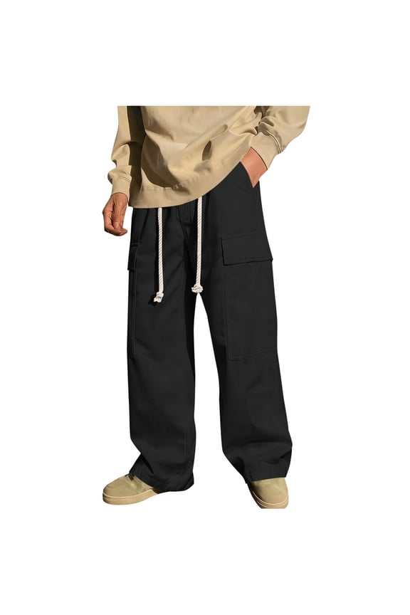 Men’s Thick-Cord Patch Pocket Wide Cargo Pants with Knotted Drawstring-Waist & Oversized Flap Slots for Street Outings Black M