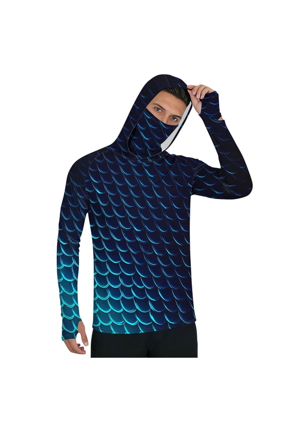 Men's UPF 50+ Blue Black Scale Print Sun-Shirt, Integrated Neck Wrap & Elastic Material for water entertainment Blue S