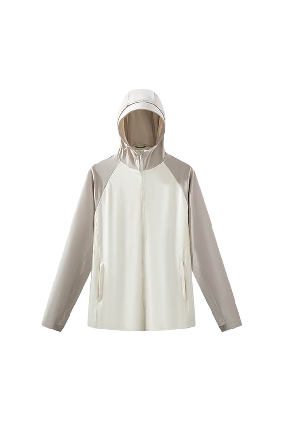 Men's UPF 50+ Navy Pale Blue Sun-Jacket, Foldable Retractable Hood & Full Zip Closure for weekend camp tours Beige XXL