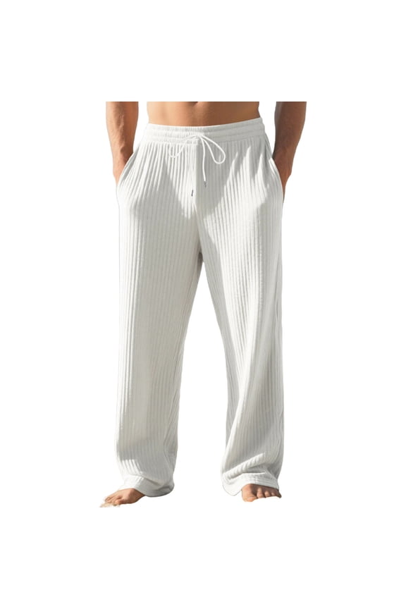 Men's Vertical Rib-Knit Drawstring Wide-Leg Vacation Pants with Single-Tip Cords & Curved Patch Pockets for Daily Outings White M